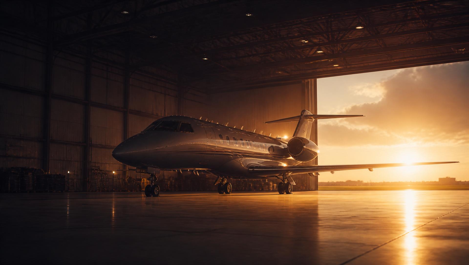 Private jet inside a hangar at sunset